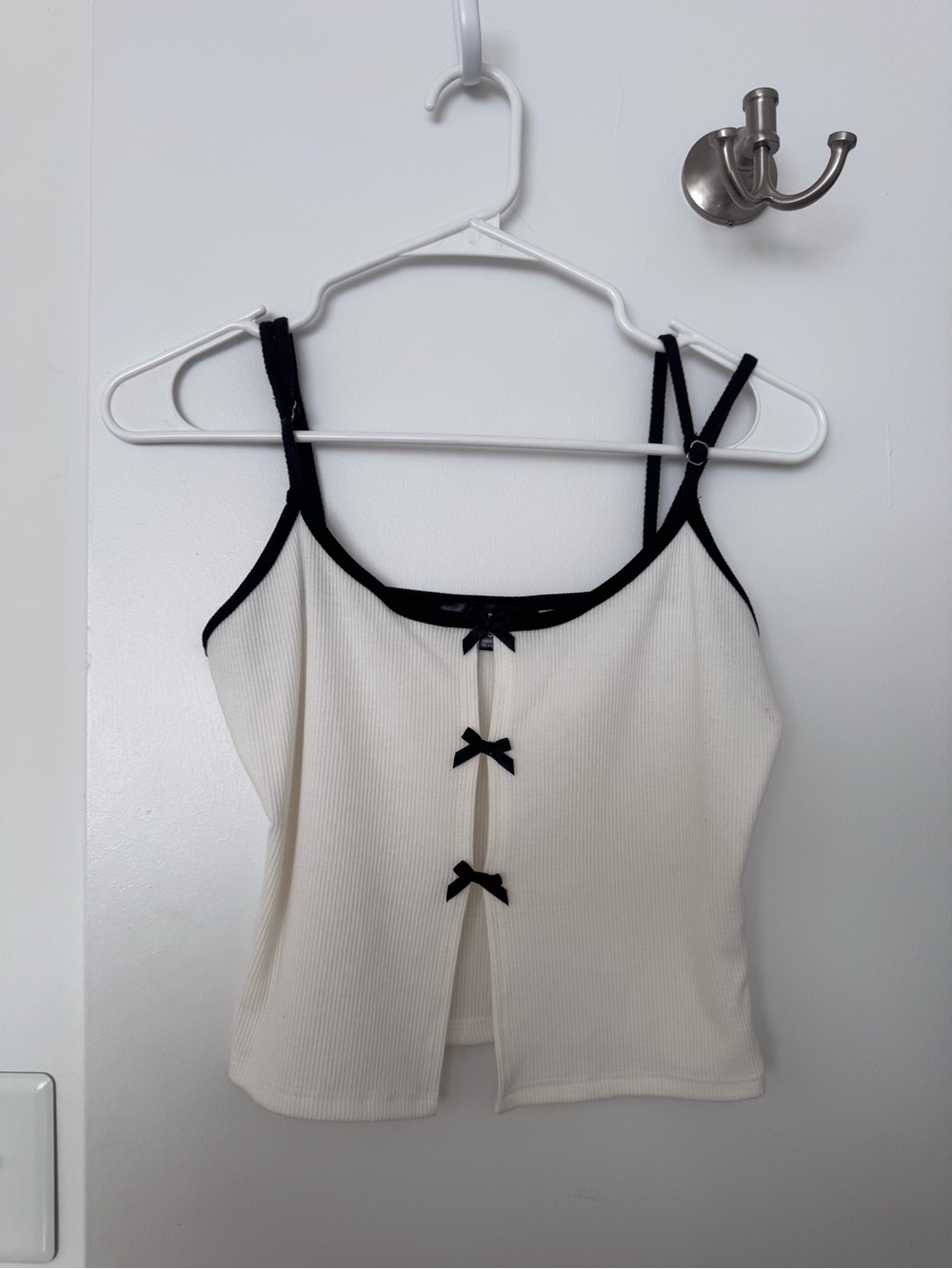Blue Blush Cream Ribbed Cami with Black Trim and Bows